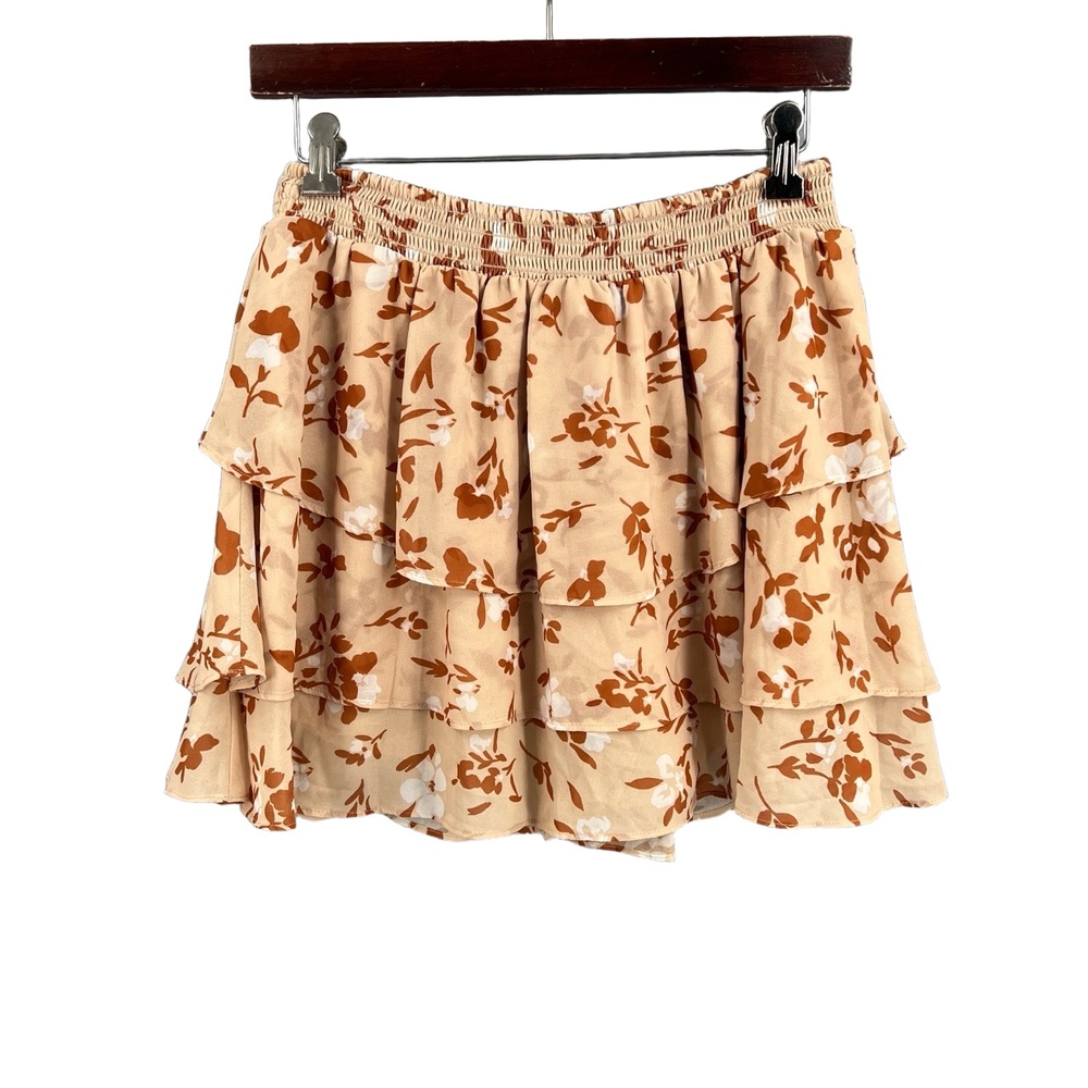 Willow Skirt Beige with Floral Tiered Ruffle Elastic Waist Mini Small